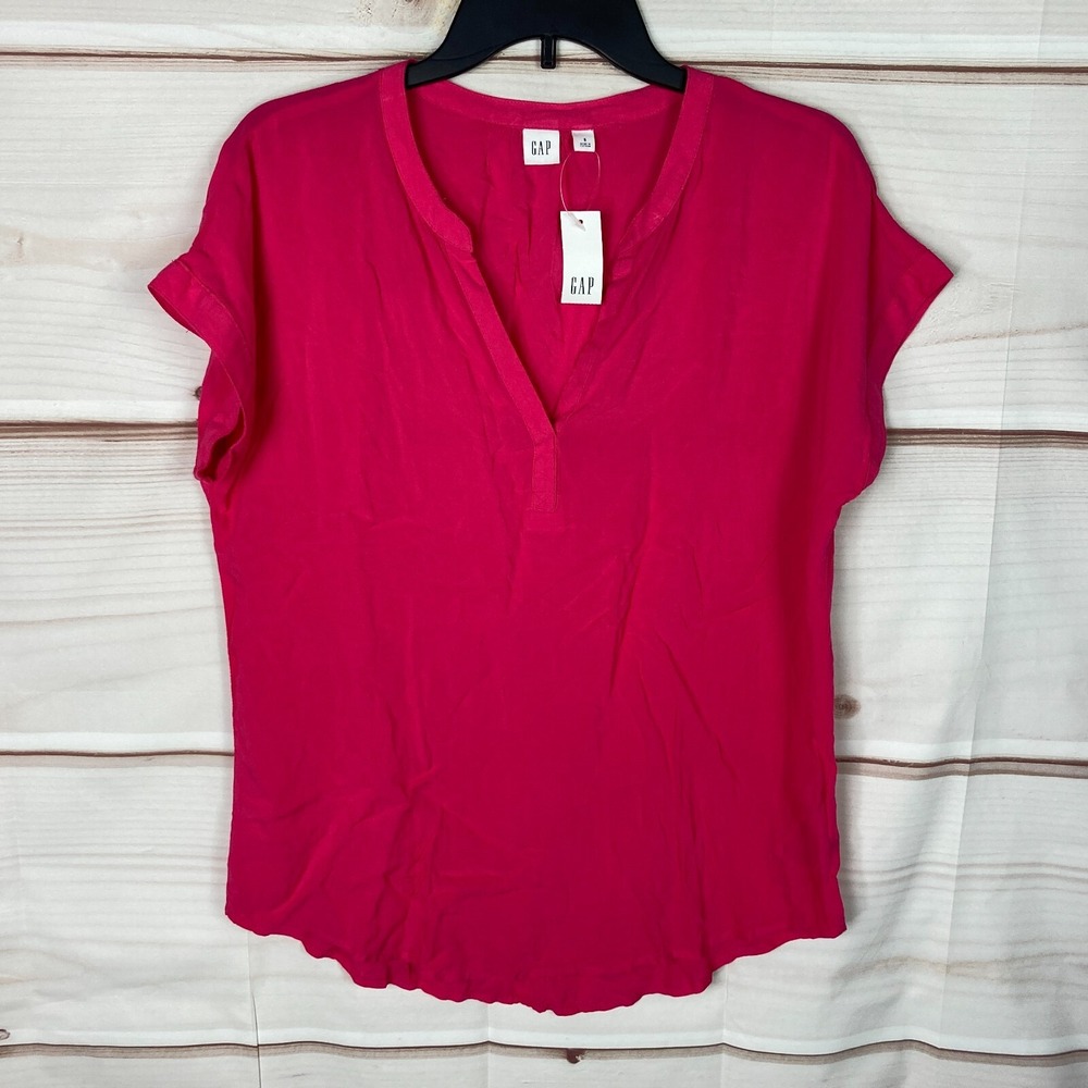 Gap Top Womens Small Pink V-Neck Blouse Dolman Sleeve Solid Woven Pullover